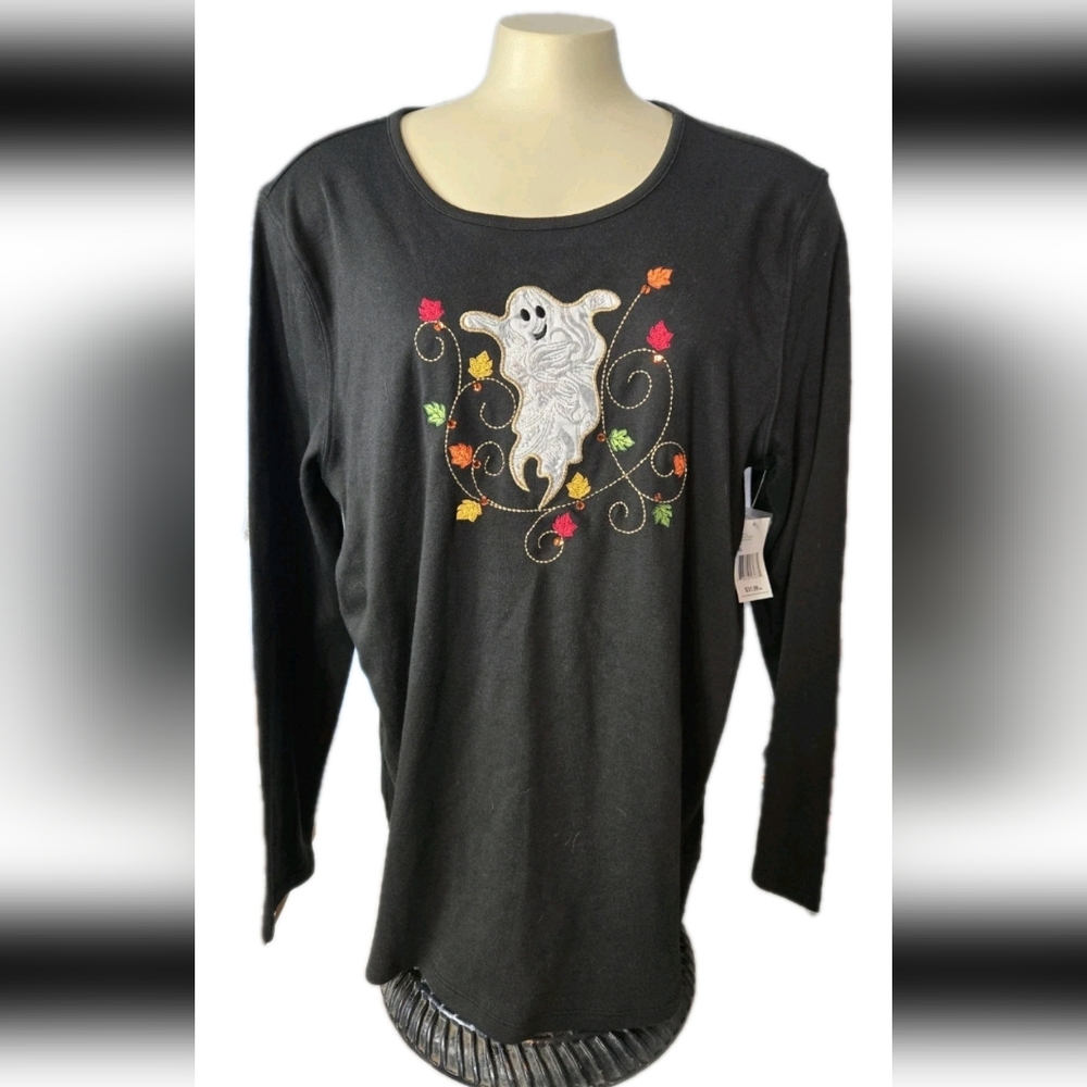 Halloween Fall Ghost Leaf Embroidered Black Long Sleeve Shirt New With Tags XL